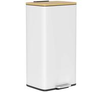 HOMCOM Cubo de Basura Cocina con Pedal, 20L, Tapa de Bambú de Cierre Suave, Papelera de Cocina con Cubo Interior Extraíble, Anti-Huellas, para Dormitorio, Salón, 29,5x29,5x56,8 cm, Blanco y Natural
