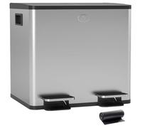 HOMCOM Cubo de Basura de Cocina con 2 Compartimentos 2x15L con Pedal Plata | Papelera Cocina, Acero Inoxidable, Tapas de Cierre Suave, Cubo Extraíble, para Reciclaje Residuos Restos de Comida