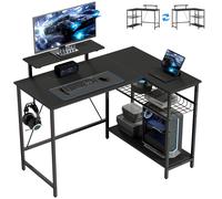 HOMCOM desk gaming reversible 114,5x82 cm, desk angle gaming with screen holder and adjustable mesh shelf, tabl Negro