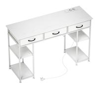 HOMCOM Escritorio con Almacenamiento con Enchufes de Corriente, 3 Cajones de Tela y 4 Estantes de Almacenamiento, 120x40x76 cm, Blanco