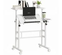 HOMCOM Escritorio Elevable con Tablero Inclinable, Ajustable en Altura, con Ruedas y Estructura de Acero, para Trabajar de Pie o Sentado, Efecto Madera Blanca
