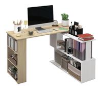 HOMCOM Escritorio Esquinero Giratorio, 120x110 cm, Escritorio en L, Mesa de Escritorio con Estantes, para Oficina en Casa, Estudio, Hogar, Natural y Blanco