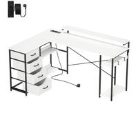 HOMCOM Escritorio en L Reversible con 4 Cajones de Tela 2 Enchufes y 2 Puertos USB Soporte para Monitor 155x112 cm Blanco
