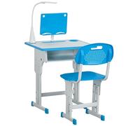 HOMCOM Escritorio Escolar con Silla para niños de 6 a 12 años, Altura Ajustable, lámpara LED, Atril y portalápices, Acero y MDF, Azul