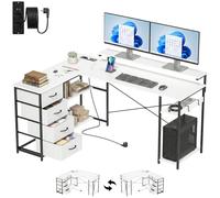 Homcom escritorio esquinero con 4 cajones de tela, 155x112 cm, escritorio en l reversible con 2 enchufes y 2 puertos usb, soporte para monitor, 2 ganchos, para oficina en casa, estudio, blanco