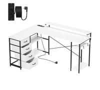 Homcom escritorio esquinero con 4 cajones de tela, 155x112 cm, escritorio en l reversible con 2 enchufes y 2 puertos usb, soporte para monitor, 2 ganchos, para oficina en casa, estudio, blanco