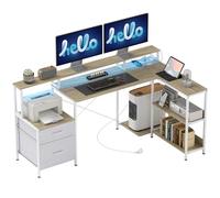 HOMCOM Escritorio esquinero con enchufes y luces LED RGB, escritorio de ordenador, 172 x 100 cm, soporte de pantalla, 2 cajones de tela, soporte impresora, mesa informática para dormitorio o rincón de