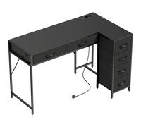 HOMCOM Escritorio Esquinero de 6 Cajones con Gancho Lateral y Tomas Integradas, en Madera y Acero, 126x48x80 cm, Negro Aosom España