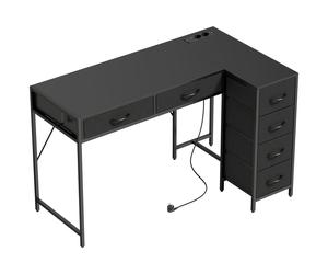 HOMCOM Escritorio Esquinero de 6 Cajones con Gancho Lateral y Tomas Integradas, en Madera y Acero, 126x48x80 cm, Negro Aosom España