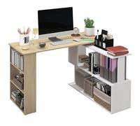 HOMCOM Escritorio Esquinero Giratorio, 120x110 cm, Escritorio en L, Mesa de Escritorio con Estantes, para Oficina en Casa, Estudio, Hogar, Natural y Blanco