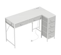 HOMCOM Escritorio Esquinero Reversible con 6 Cajones de Tela, 126x48 cm, Escritorio en L con Toma de Corriente, Puerto de Carga USB y USB-C, Mesa en L para Oficina en Casa, Estudio, Blanco