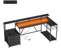 HOMCOM Escritorio Gaming Esquinero con Hub de Carga, Luces LED y Soporte para Monitor, en Madera y Acero, 192.5x80x86.5 cm, Negro Aosom España