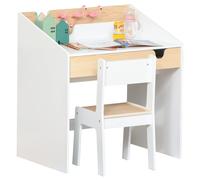 HOMCOM Escritorio para Niños con Silla de 3 a 6 Años con Cajón y Estante para Libros 70x50x75 cm Blanco y Natural BLANCO