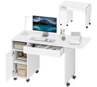 HOMCOM Escritorio para ordenador con ruedas y bandeja plegable, 130x58 cm, mesa para ordenador, cajón, armario, compartimento y estante ajustable, estación de trabajo para espacios pequeños, sala de