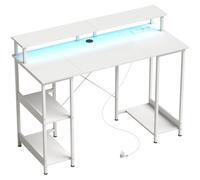 HOMCOM Escritorio para Ordenador Reversible Estantes, 120x50 cm, con Tomas de Corriente y Luces LED, Blanco Efecto Madera