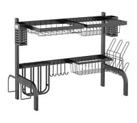 HOMCOM Escurreplatos de Acero de 2 Niveles para Fregadero con Diferentes Soportes y 5 Ganchos 65x31,5x52,5cm Negro Aosom España