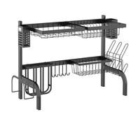 Homcom escurreplatos de acero escurridor de platos de 2 niveles para fregadero con soporte para tabla de cortar soporte de cubiertos 5 ganchos 65x31,5x52,5 cm negro