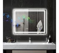 HOMCOM Espejo de baño con iluminación 80x60 cm Espejo LED Espejo de pared con función de música Bluetooth Función de memoria Reloj 3 colores de luz Sin niebla Espejo con luz e interruptor táctil Plata
