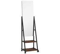 HOMCOM Espejo de Pie Rectangular Espejo de Suelo Rodante con Ángulo Ajustable 2 Estantes 4 Ruedas Negro y Marrón Rústico Aosom España