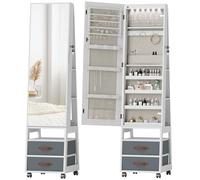 HOMCOM Espejo Joyero con Luces LED Interior, Armario para Joyas con Ruedas, Armario Joyero con Espejo Entero, Giratorio de 360°, Estantes Abiertos, Cajones de Tela, Blanco y Forro Crema