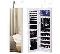 HOMCOM Espejo Joyero Colgante de Pared o Puerta con 6 Luces LED 5 Estantes 2 Cajones Pequeños Espejo Armario Montado con Cerradura para Dormitorio 37x120x10 cm Blanco