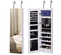 HOMCOM Espejo Joyero Colgante de Pared o Puerta con LED 5 Estantes 2 Cajones Pequeños Espejo Armario Montado con Cerradura para Dormitorio 37x120x10 cm Blanco White 37x120x10cm