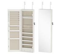 HOMCOM Espejo Joyero con 6 Luces LED, Armario Joyero Montado en la Pared o en la Puerta, Armario para Joyas con Cerradura, Espejo Entero sin Marco, Blanco