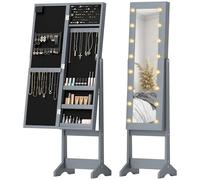 Homcom espejo joyero con luces led, armario para joyas, armario joyero de pie con espejo entero, ángulo ajustable, con estantes, ranuras para anillos, gris 36 cm