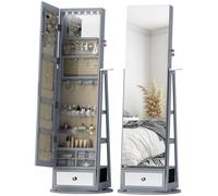 HOMCOM Espejo Joyero con Luces LED, Armario para Joyas, Armario Joyero con Espejo Entero, Giratorio de 360°, Cajón, Cerradura, Estantes Abiertos, Soporte para Secador Marrón 56x56x164 cm