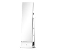HOMCOM Espejo Joyero con Luces LED, Armario para Joyas, Armario Joyero de Pie con Espejo Cuero Entero, Soporte para Secador, Giratorio de 360°, Cajón, Cerradura, Estantes Abiertos, Blanco y Beige
