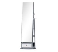 HOMCOM Espejo Joyero con Luces LED, Armario para Joyas, Armario Joyero con Espejo Entero, Giratorio de 360°, Cajón, Cerradura, Estantes Abiertos, Soporte para Secador gris 56x56x164 cm