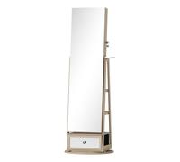 HOMCOM Espejo Joyero con Luces LED, Armario para Joyas, Armario Joyero de Pie con Espejo Cuero Entero, Soporte para Secador, Giratorio de 360°, Cajón, Cerradura, Estantes Abiertos, Natural y Beige