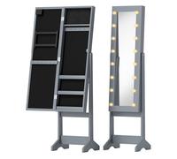 Homcom espejo joyero con luces led, armario para joyas, armario joyero de pie con espejo entero, ángulo ajustable, con estantes, ranuras para anillos, gris 36 cm