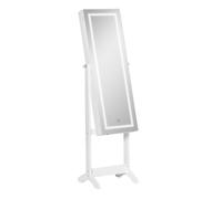 HomCom Espejo joyero de pie LED inclinable 3 ángulos con cerradura 2 llaves, blanco con forro negro