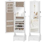 Homcom espejo joyero con luces led, armario para joyas, armario joyero con espejo entero de ángulo ajustable, cajones, mesa interior plegable, cerradura, luces apagado automático, blanco y forro beige