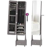 Homcom espejo joyero con luces led, armario joyero con soporte para secador, espejo entero sin marco de ángulo ajustable, cajón, interruptor táctil, luces apagado automático, gris 300 cm