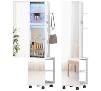 HOMCOM Espejo Joyero con Luces LED de 3 Colores, Armario Joyero de Pie Giratorio 360° con Espejo sin Marco, Perchero, Cerradura con Llaves, Compartimentos, Superficie Blanca y Forro Beige