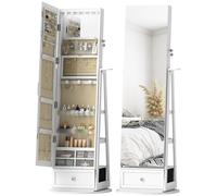 HOMCOM Espejo Joyero con Luces LED, Armario para Joyas, Armario Joyero de Pie con Espejo Cuero Entero, Soporte para Secador, Giratorio de 360°, Cajón, Cerradura, Estantes Abiertos, Blanco y Beige