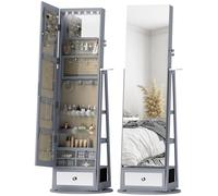 HOMCOM Espejo Joyero con Luces LED, Armario para Joyas, Armario Joyero con Espejo Entero, Giratorio de 360°, Cajón, Cerradura, Estantes Abiertos, Soporte para Secador gris 56x56x164 cm