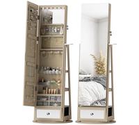 HOMCOM Espejo Joyero con Luces LED, Armario para Joyas, Armario Joyero de Pie con Espejo Cuero Entero, Soporte para Secador, Giratorio de 360°, Cajón, Cerradura, Estantes Abiertos, Natural y Beige