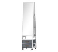 HOMCOM Espejo Joyero con Luces LED Interior, Armario para Joyas con Ruedas, Armario Joyero con Espejo Entero, Giratorio de 360°, Estantes Abiertos, Cajones de Tela, Blanco y Forro Crema