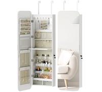 HOMCOM Espejo Joyero con Luz LED, Armario Joyero Montado en la Pared o en la Puerta, Armario para Joyas con Cerradura, Espejo Entero sin Marco, 2 Cajones, para Regalo, 37x10x120 cm, Blanco