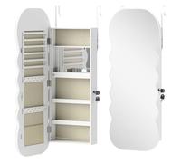 Homcom espejo joyero con luz led de 3 colores, armario joyero montado en la pared o en la puerta, armario para joyas con cerradura, espejo entero, diseño ondulado, blanco