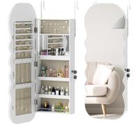 Homcom espejo joyero con luz led de 3 colores, armario joyero montado en la pared o en la puerta, armario para joyas con cerradura, espejo entero, diseño ondulado, blanco