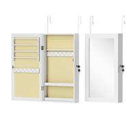 Homcom espejo joyero de pared armario para joyas con cerradura y varios compartimentos montar en pared o puerta para pendiente collar anillo pulsera regalo blanco y forro crema 67 cm