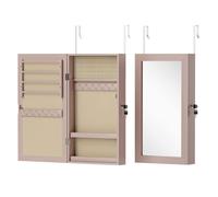 HOMCOM Espejo Joyero de Pared Armario para Joyas con Cerradura y Varios Compartimentos Montar en Pared o Puerta para Pendiente Collar Anillo Pulsera Regalo Rosa y Forro Beige