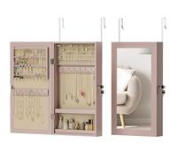 HOMCOM Espejo Joyero de Pared Armario para Joyas con Cerradura y Varios Compartimentos Montar en Pared o Puerta para Pendiente Collar Anillo Pulsera Regalo Rosa y Forro Beige