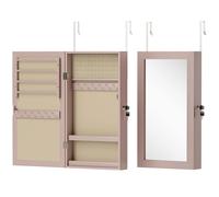 HOMCOM Espejo Joyero de Pared con Cerradura y Varios Compartimentos Montar en Pared o Puerta Rosa y Forro Beige