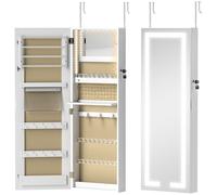 HOMCOM Espejo Joyero de Pared con Luces LED y Cerradura Armario de Joyas para Colgar en la Pared o en la Puerta Blanco