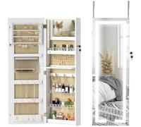 HOMCOM Espejo Joyero de Pared Armario para Joyas Colgante con Luces LED y Cerradura Espejo Integrada sin Marco Armario de Joyas para Colgar en la Pared o en la Puerta Blanco y Forro Crema